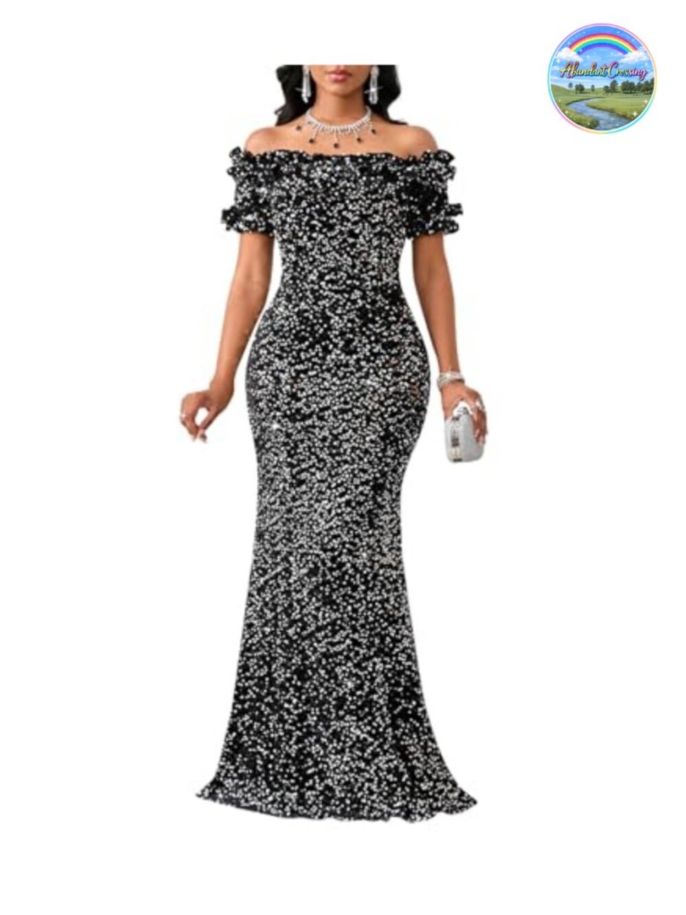 Sequin Off Shoulder Ruffle Sleeve Bodycon Mermaid Formal Evening Maxi Dress
